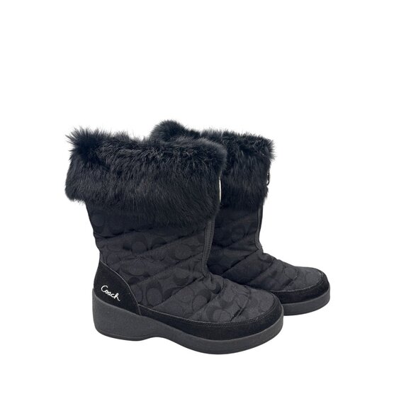 Coach Womens Winter Fur-Trim Quilted Boots Size 7.5 M Black Mid-calf - Picture 1 of 8
